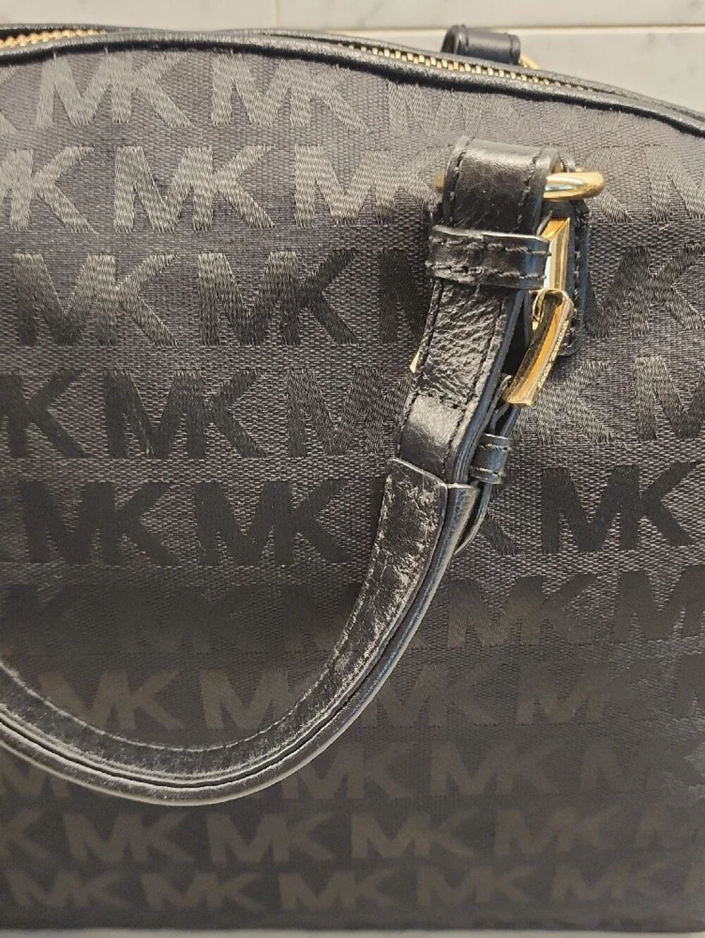 Michael Kors Black MK Logo Satchel with Gold Hardware